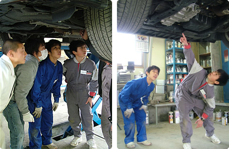 1.メカニック小堀さんの指導を受ける中学生 2.車の下回りを点検する中学生