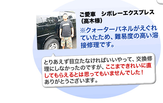 シボレーエクスプレスの修理　クォーターパネルがえぐれていたため、難易度の高い溶接修理です
